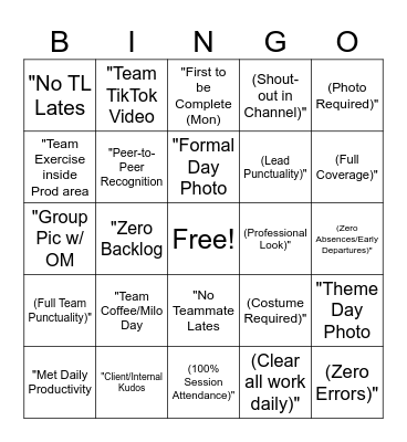 RTO WEEK BINGO Card