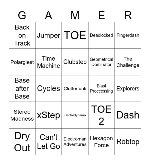 Geometry Dash Bingo Card