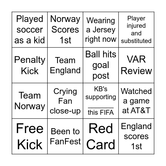 FIFA Fan Bingo Card