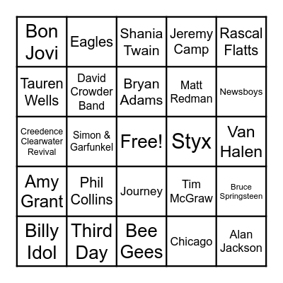 Songs & Artists Bingo Card
