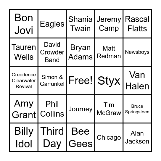 Songs & Artists Bingo Card