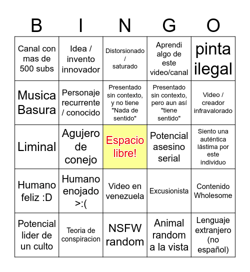 Papelera de youtube [ElWiki52] v0.1 Bingo Card