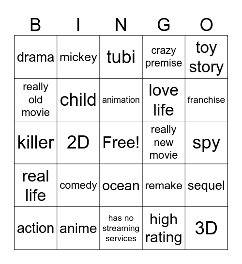 Random Movie Generator Bingo Card