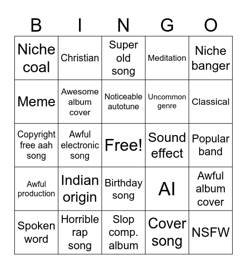 Project random music Bingo Card