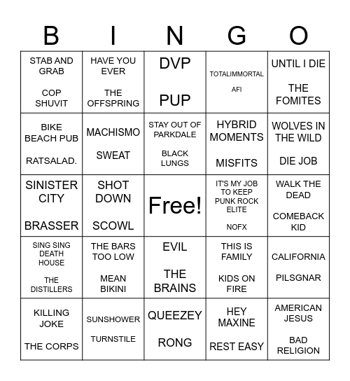 SF PUNK BINGO ROUND 1 Bingo Card