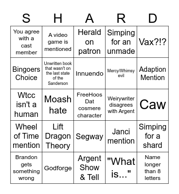 Shardcast Bingo Card