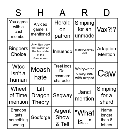Shardcast Bingo Card