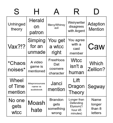 Shardcast Bingo Card