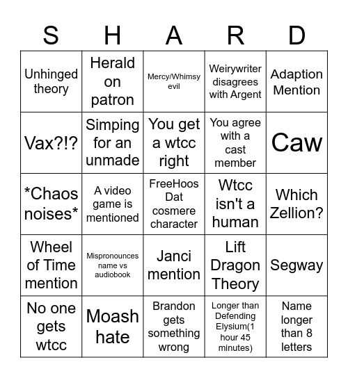 Shardcast Bingo Card