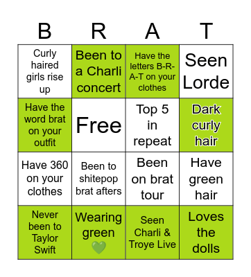 Brat Summer Bingo Card