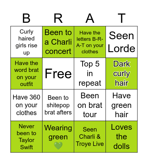 Brat Summer Bingo Card