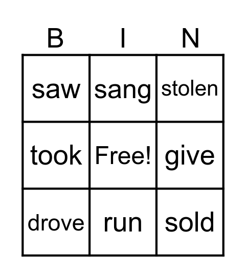 irregular verbs Bingo Card