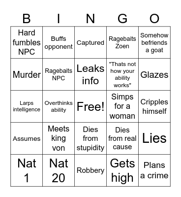 Kirbs turn Bingo Card