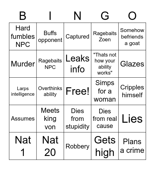 Kirbs turn Bingo Card
