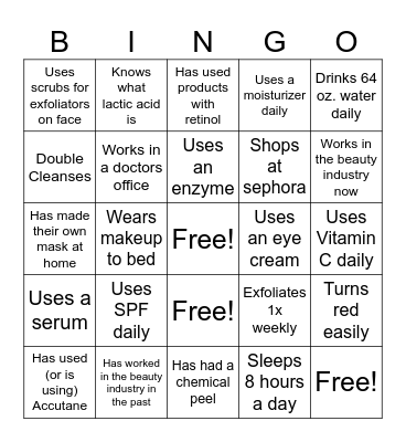 Skincare Bingo Card