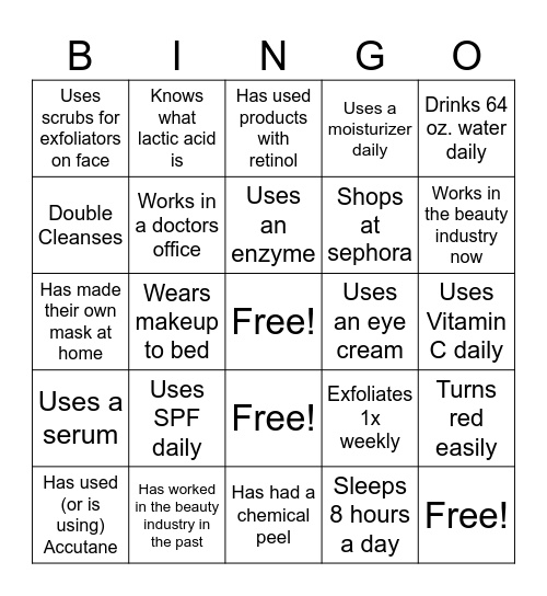 Skincare Bingo Card