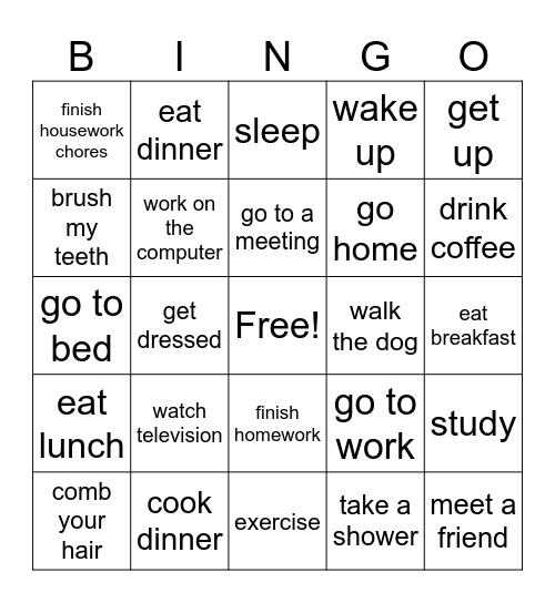 Actions bingo Card