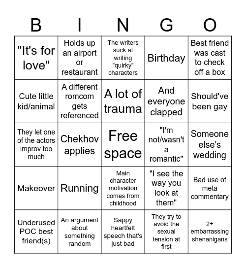 Romcom Bingo Card