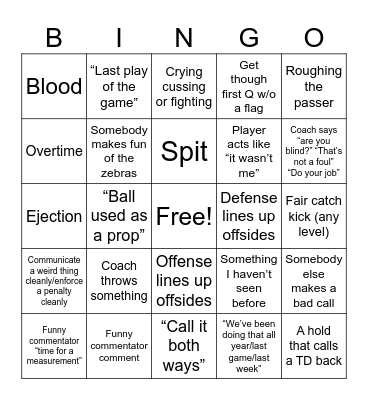 2026 Football Officials Bingo Card