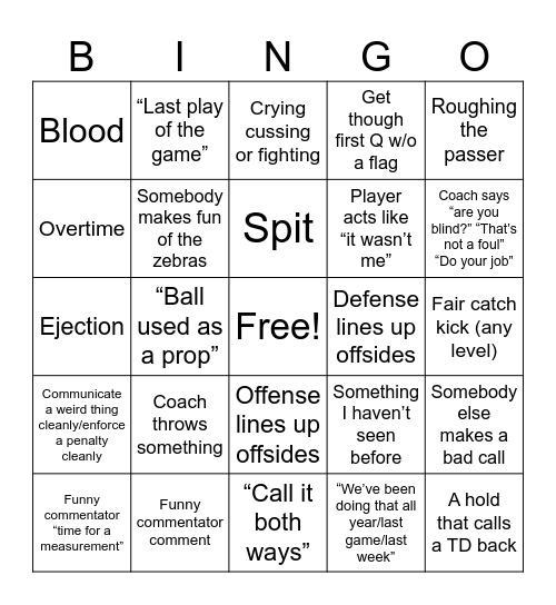 2026 Football Officials Bingo Card
