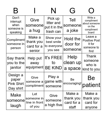 Acts of Kindness Bingo Card