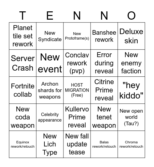 TennoCon 2026 Bingo Card