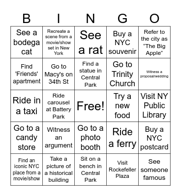 NYC Bingo/Scavenger Hunt Bingo Card