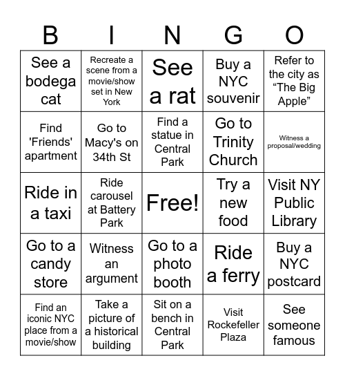 NYC Bingo/Scavenger Hunt Bingo Card