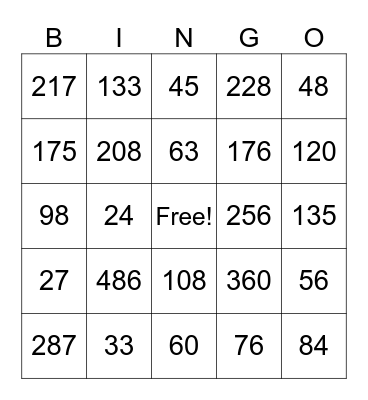 Multiplication Bingo Card