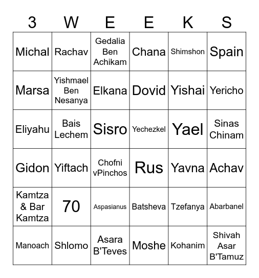 3 Weeks Bingo Card
