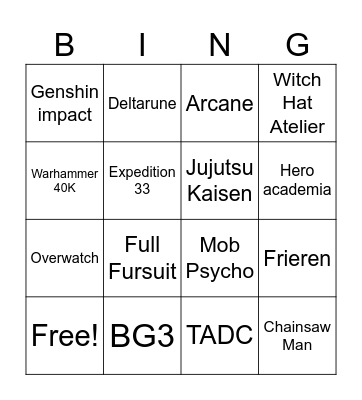 Cosplay Bingo Card