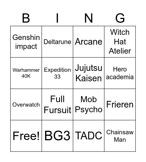 Cosplay Bingo Card
