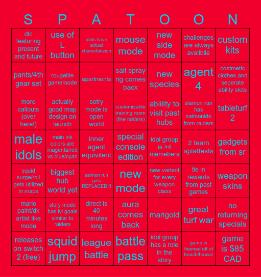 SPLATOON 4 BINGO!!! (pre raiders) Bingo Card