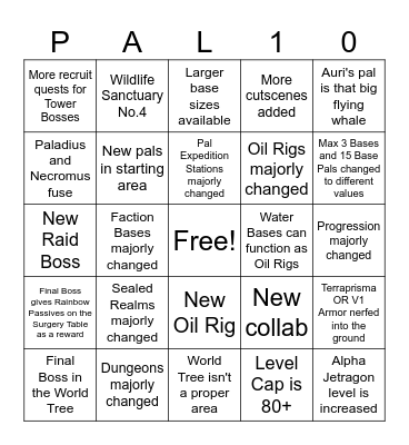 Palworld 1.0 Bingo Card