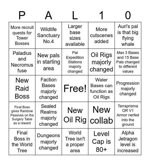 Palworld 1.0 Bingo Card