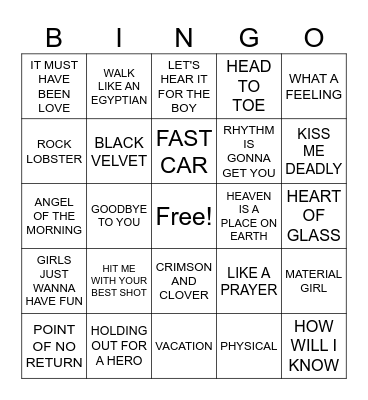 80'S LADIES Bingo Card