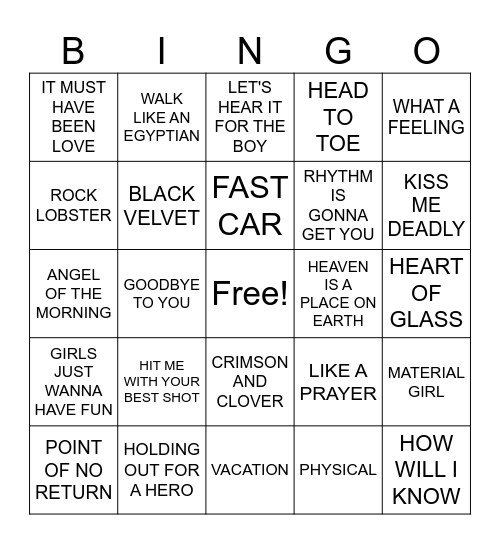 80'S LADIES Bingo Card