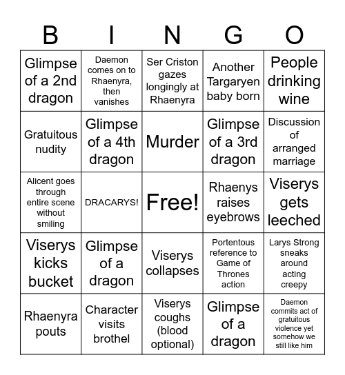 House of the Dragon Bingo Card Bingo Card
