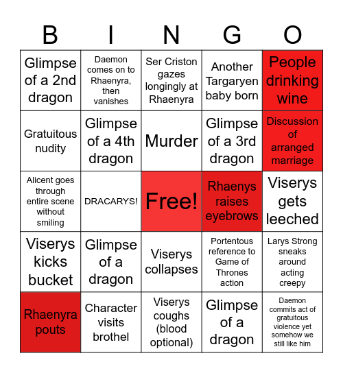 House of the Dragon Bingo Card Bingo Card