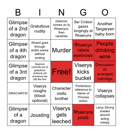 House of the Dragon Bingo Card Bingo Card