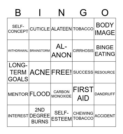 HEALTH Bingo Card