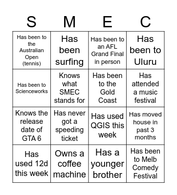 Christmas in July Bingo Card