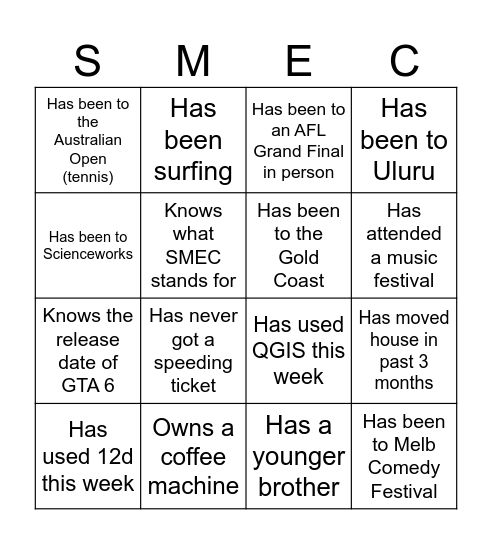 Christmas in July Bingo Card