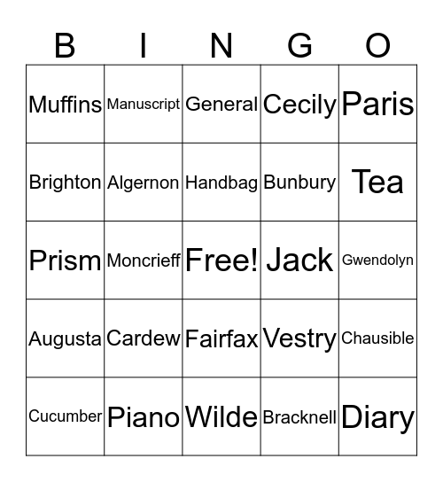 The Importance of Being Earnest Bingo Card