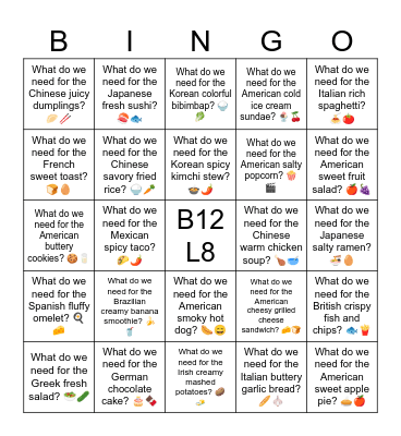 B12 L8 What do we need for the French sweet toast? 🍞🥚 Bingo Card