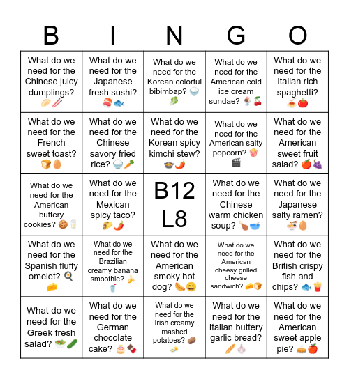B12 L8 What do we need for the French sweet toast? 🍞🥚 Bingo Card