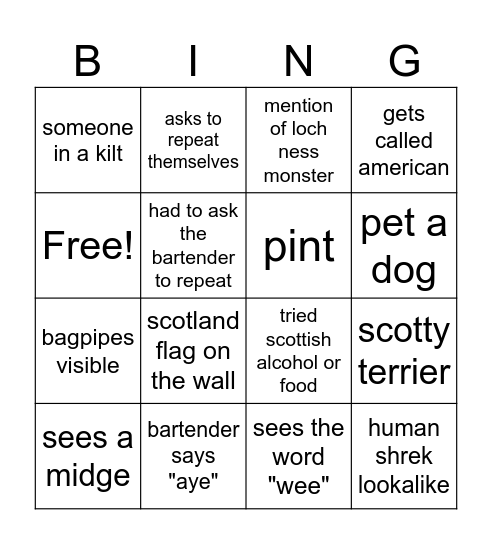 SCOTLAND PUB CRAWL Bingo Card