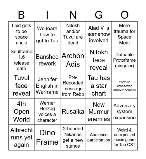 TennoCon 2026 Bingo Card