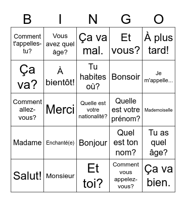 French Greetings Bingo Card