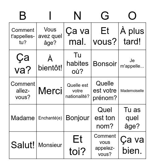 French Greetings Bingo Card